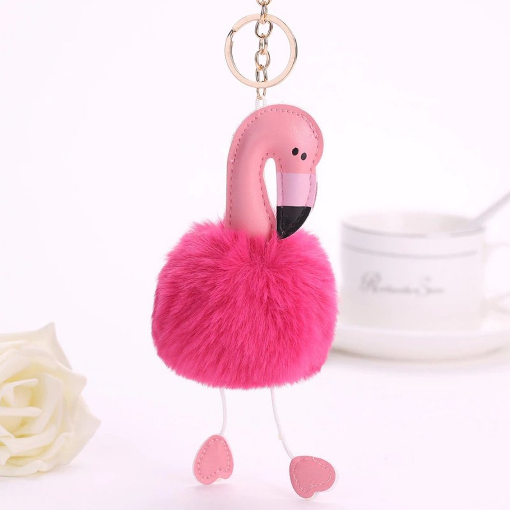 Pink Flamingo Faux Fur Pom Pom Keychain/Bag Charm NWT